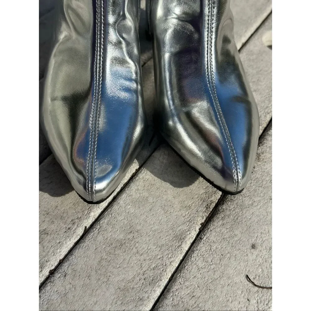 Silver Metallic OTK Boots Sz 12 Inside Zip Block Heel Pointed Toe